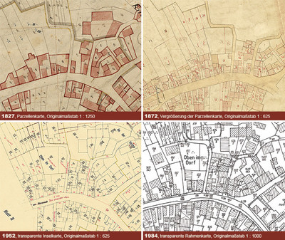4 Kartenausschnitte der Liegenschaftskarte aus dem 19. und 20. Jahrhundert
